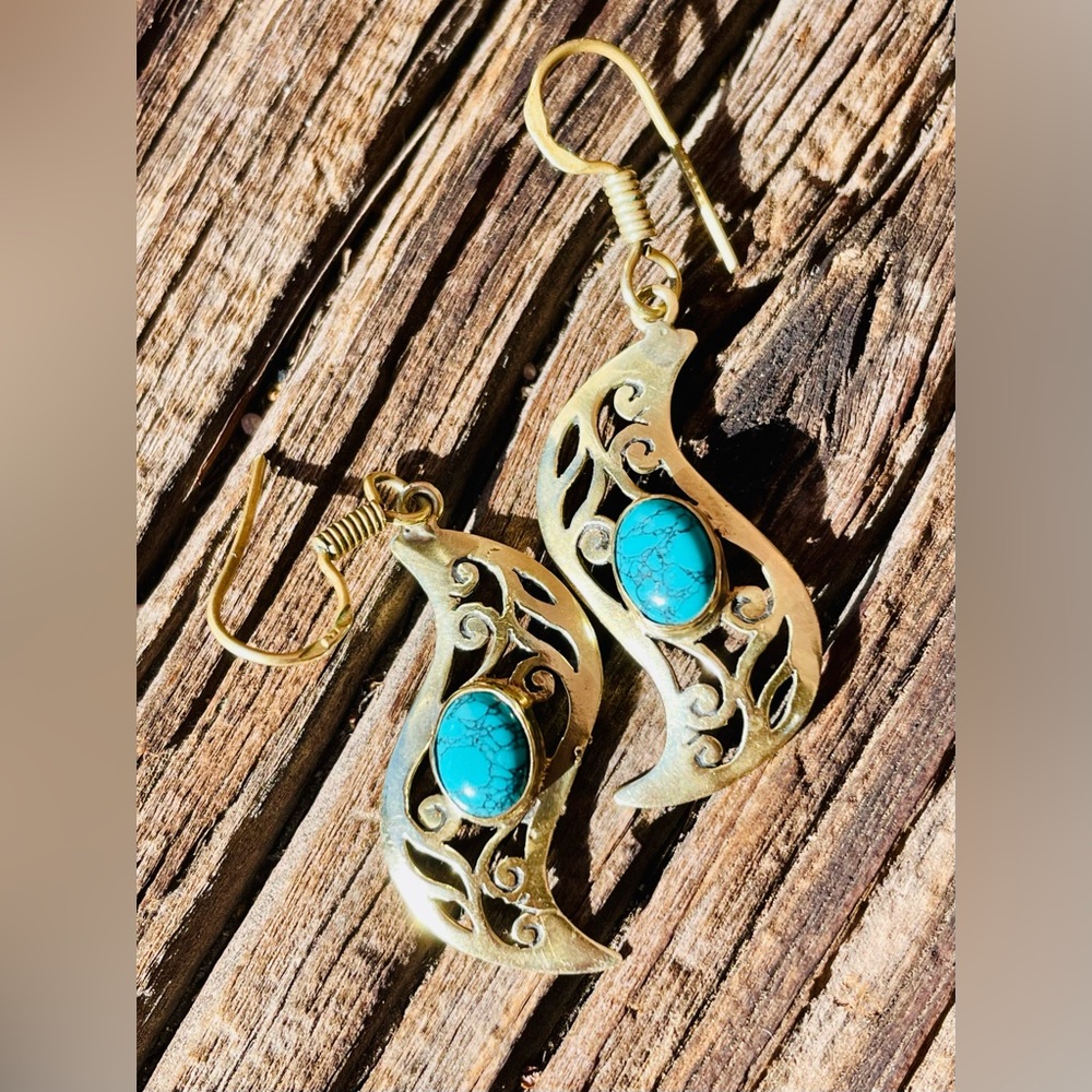 Vintage Boho Brass and Turquoise Earrings - Picture 9 of 15